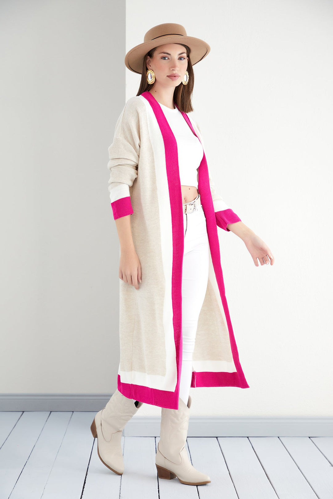 Beige & Fuchsia Color Block Longline Knit Cardigan - jqwholesale.com