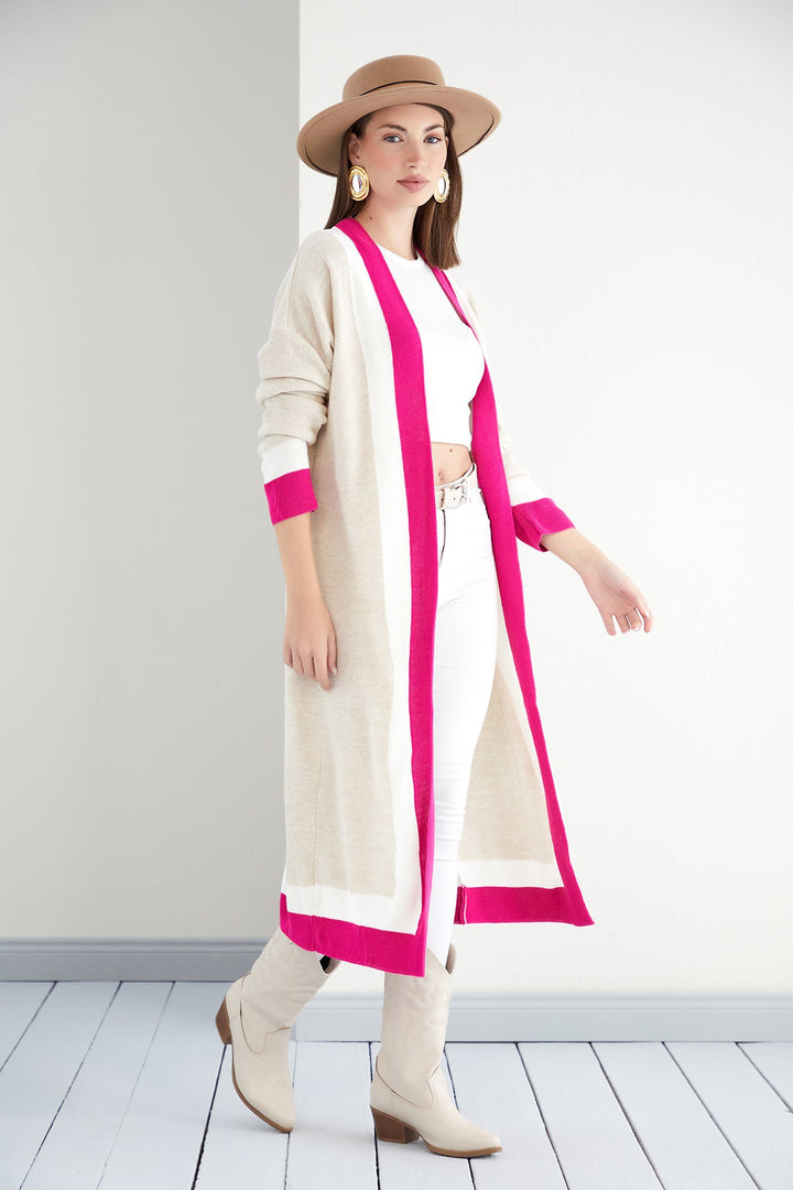 Beige & Fuchsia Color Block Longline Knit Cardigan - jqwholesale.com