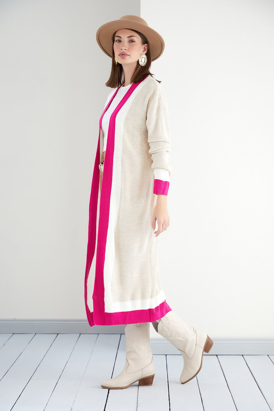 Beige & Fuchsia Color Block Longline Knit Cardigan - jqwholesale.com