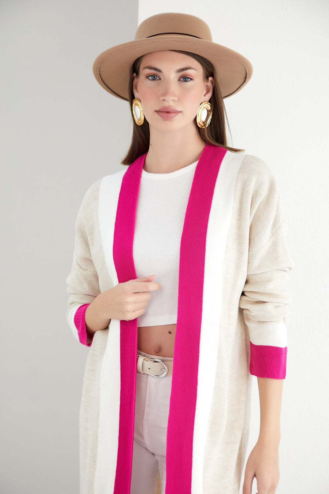 Beige & Fuchsia Color Block Longline Knit Cardigan - jqwholesale.com