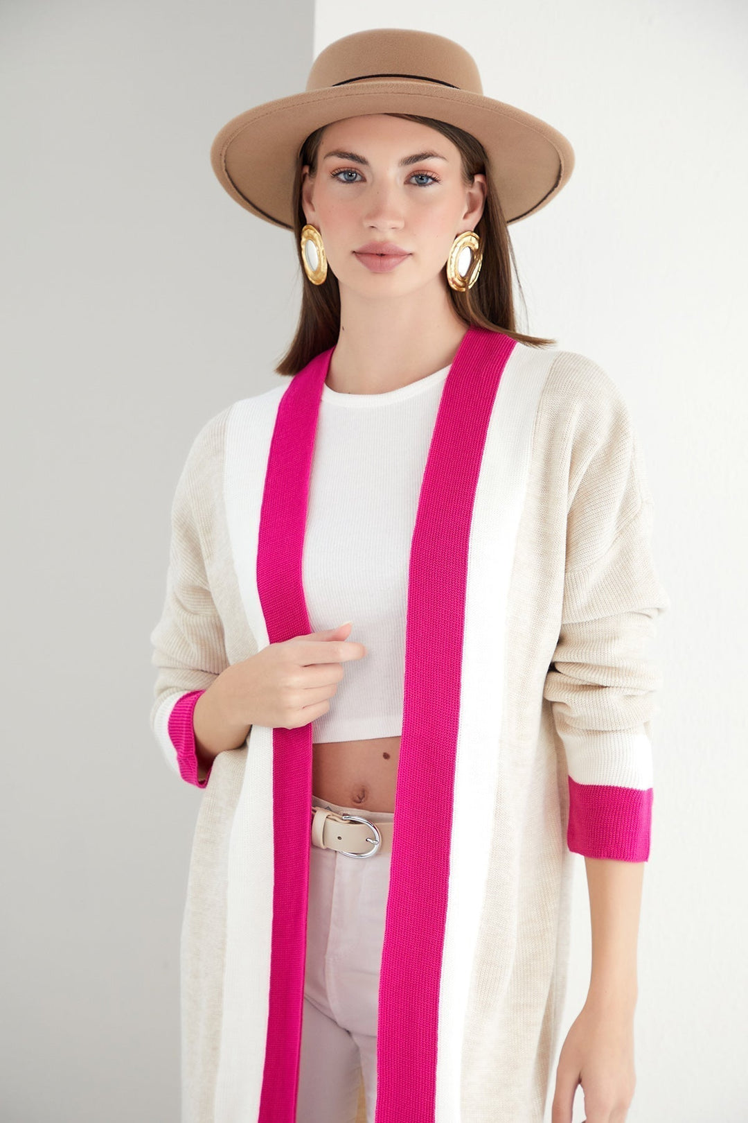 Beige & Fuchsia Color Block Longline Knit Cardigan - jqwholesale.com
