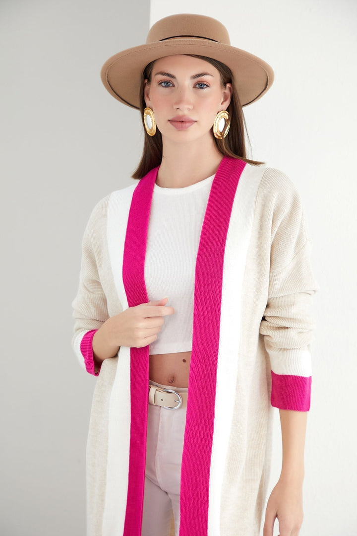 Beige & Fuchsia Color Block Longline Knit Cardigan - jqwholesale.com