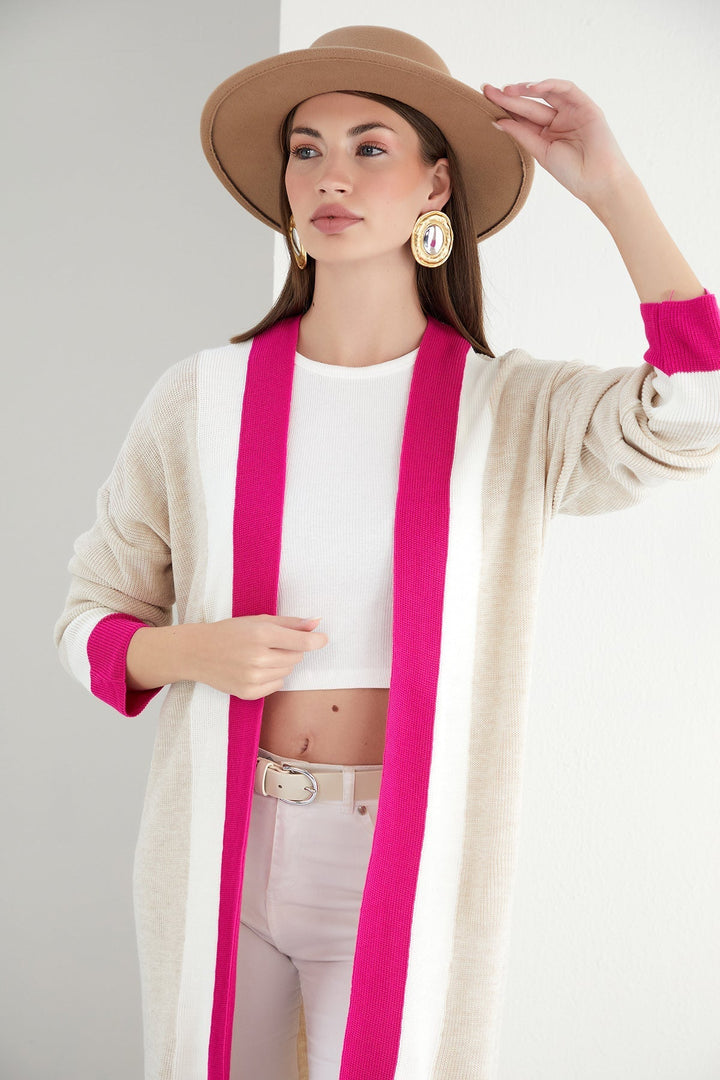 Beige & Fuchsia Color Block Longline Knit Cardigan - jqwholesale.com