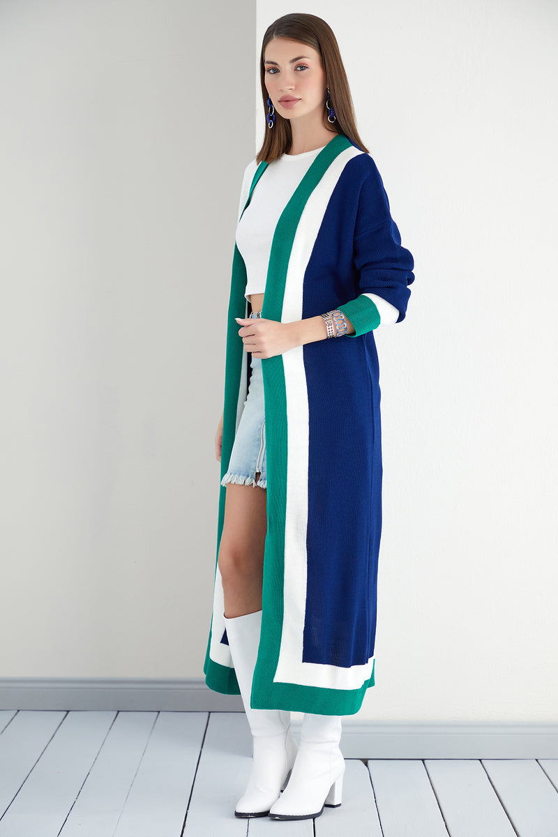 Navy & Green Color Block Longline Knit Cardigan - jqwholesale.com