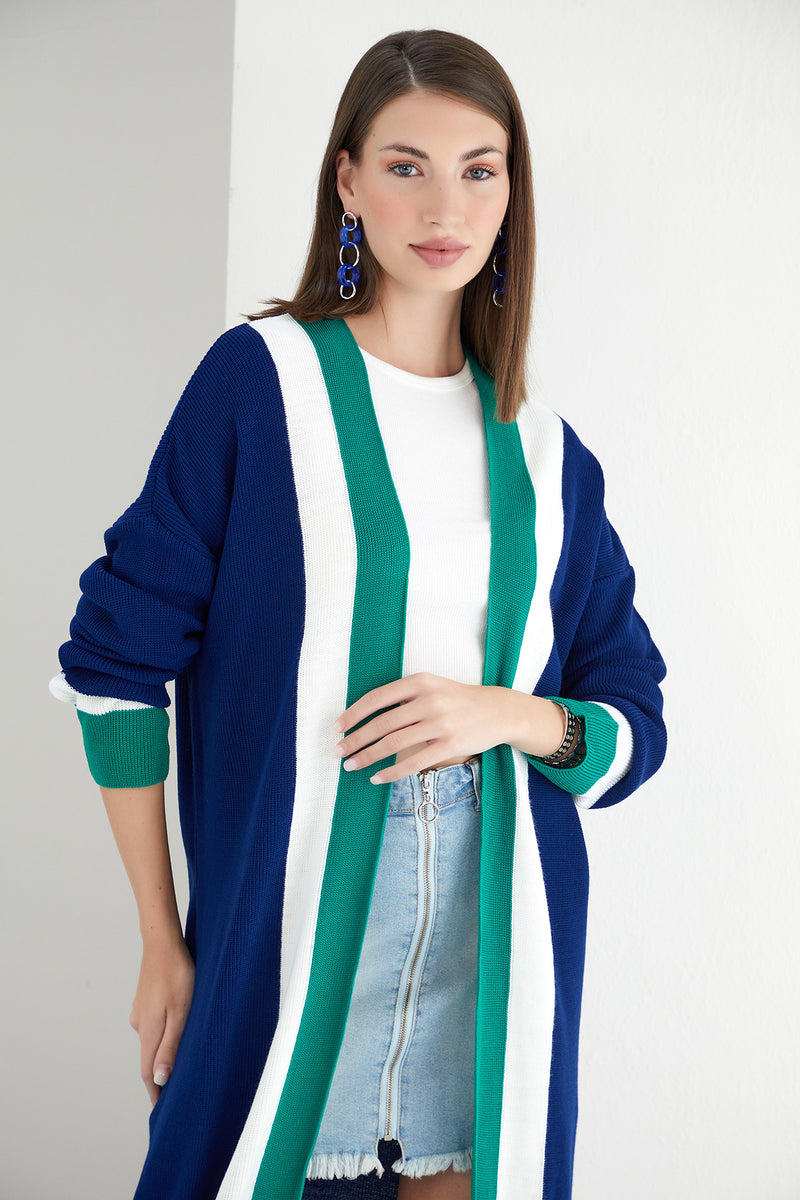 Navy & Green Color Block Longline Knit Cardigan - jqwholesale.com