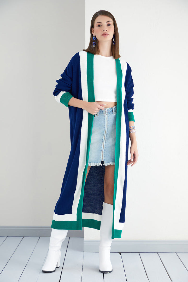Navy & Green Color Block Longline Knit Cardigan - jqwholesale.com