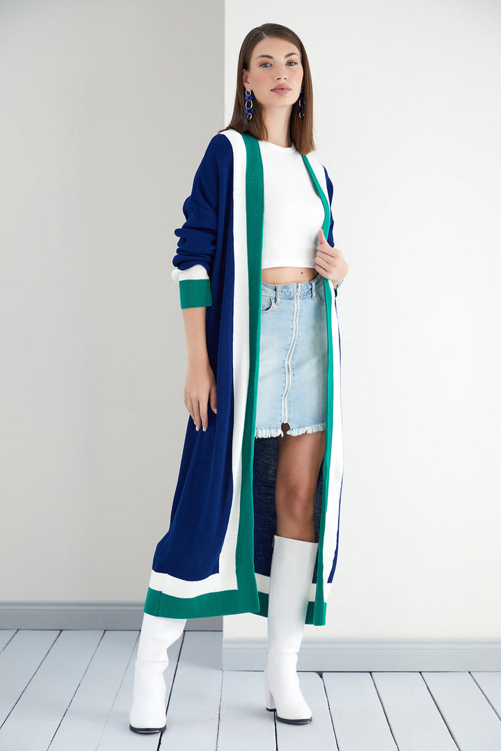 Navy & Green Color Block Longline Knit Cardigan