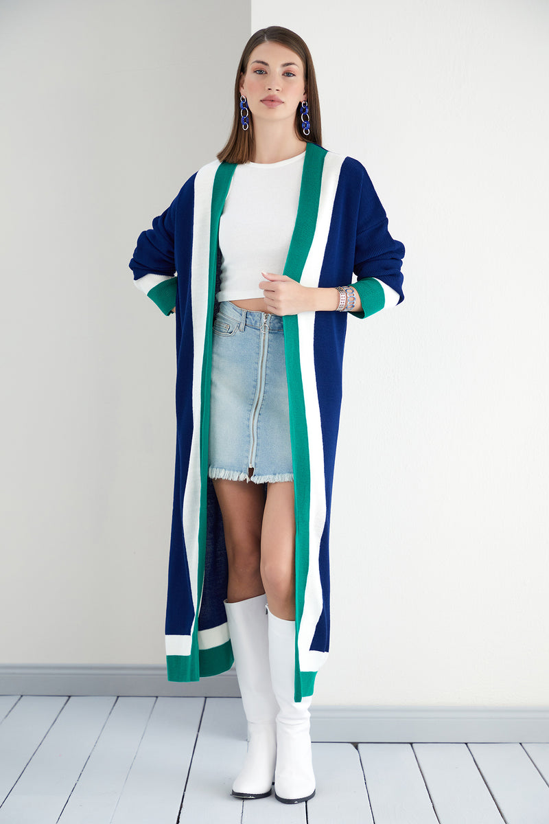 Navy & Green Color Block Longline Knit Cardigan - jqwholesale.com