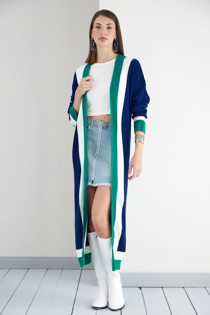 Navy & Green Color Block Longline Knit Cardigan - jqwholesale.com