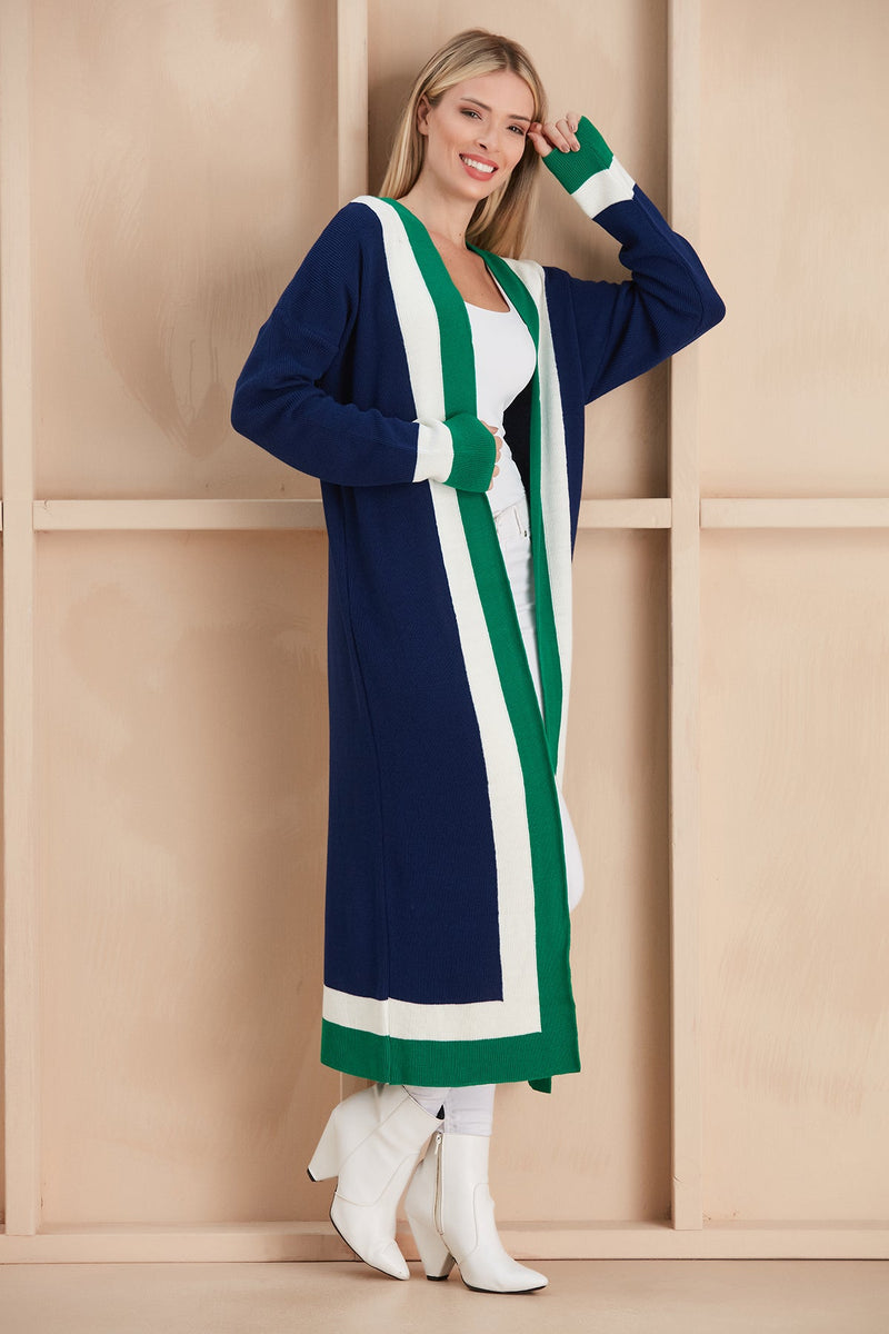 Navy & Green Color Block Longline Knit Cardigan - jqwholesale.com