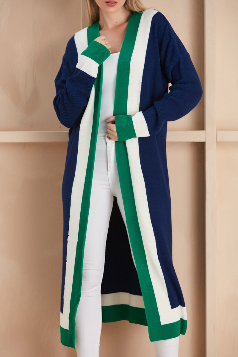 Navy & Green Color Block Longline Knit Cardigan - jqwholesale.com