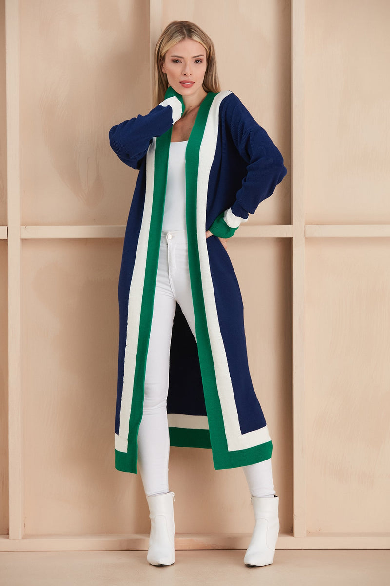 Navy & Green Color Block Longline Knit Cardigan - jqwholesale.com