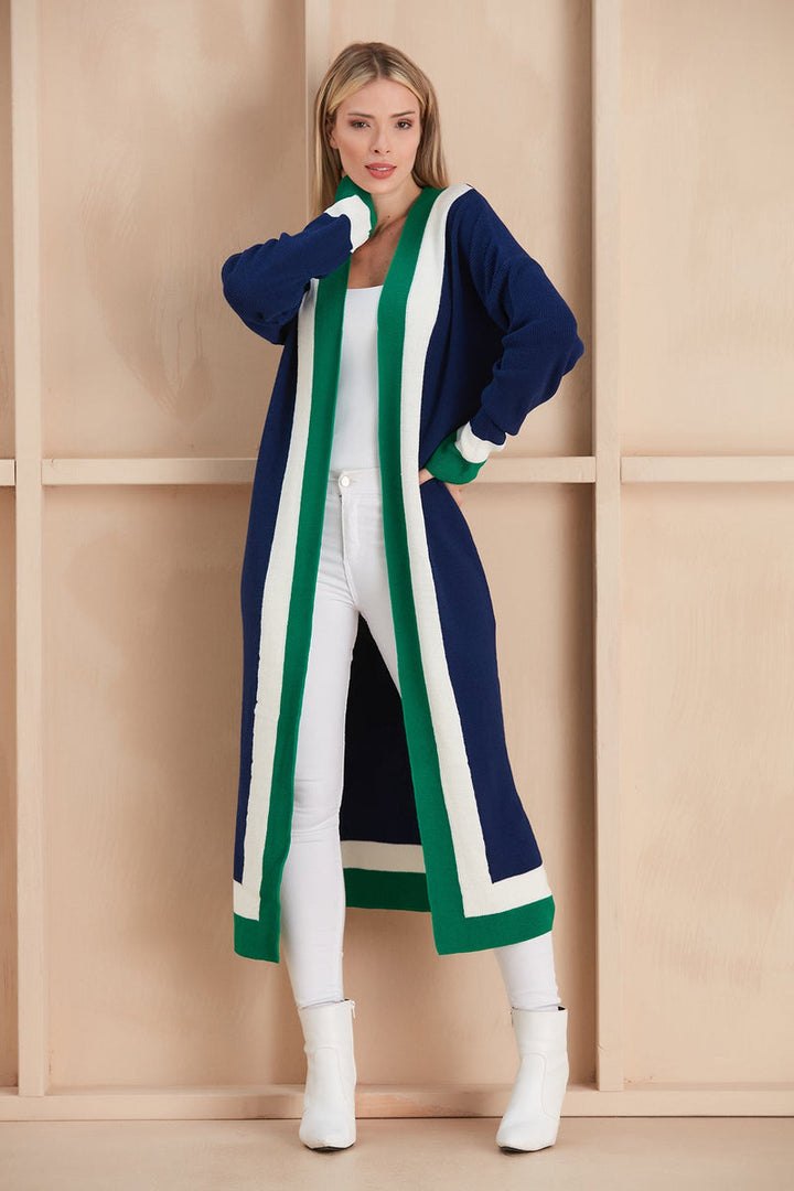 Navy & Green Color Block Longline Knit Cardigan - jqwholesale.com