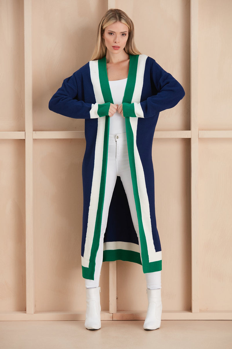 Navy & Green Color Block Longline Knit Cardigan - jqwholesale.com