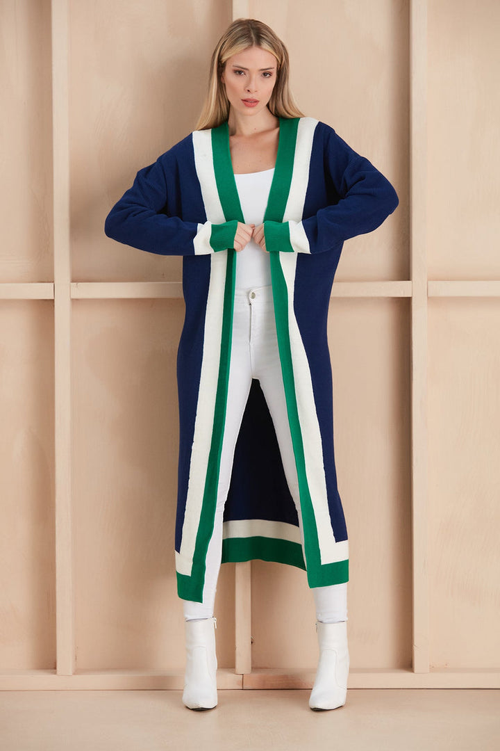 Navy & Green Color Block Longline Knit Cardigan - jqwholesale.com