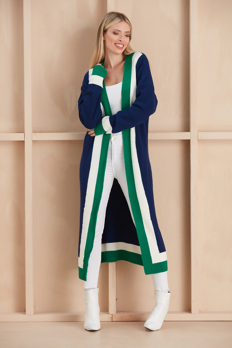 Navy & Green Color Block Longline Knit Cardigan - jqwholesale.com