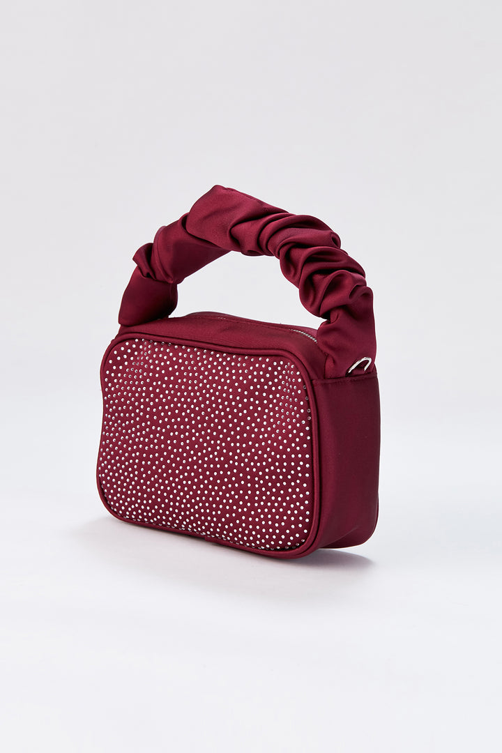 Diamente Evening Bag With Detachable Crossbody Strap - Burgundy