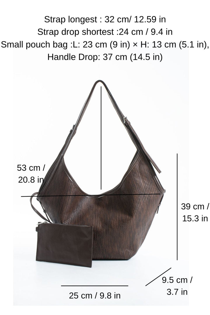 Woven Vegan Leather Large Slouchy Hobo Bag – 2-Piece Set with Matching Clutch - Brown