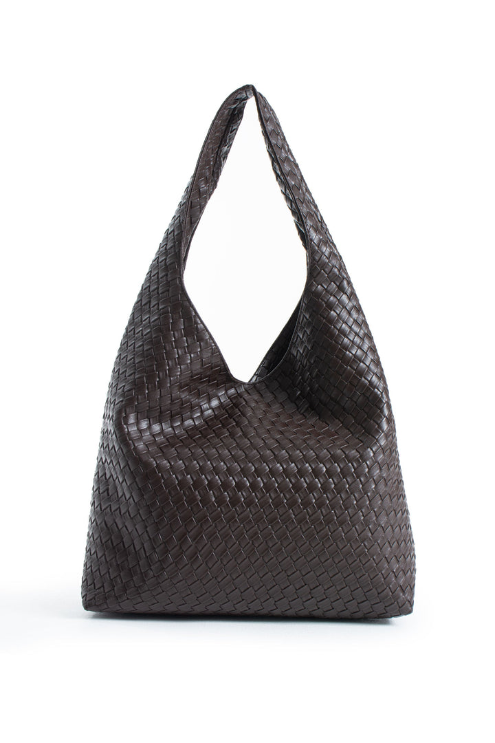 Woven Pu Leather  Slouchy Tote Bag - Brown