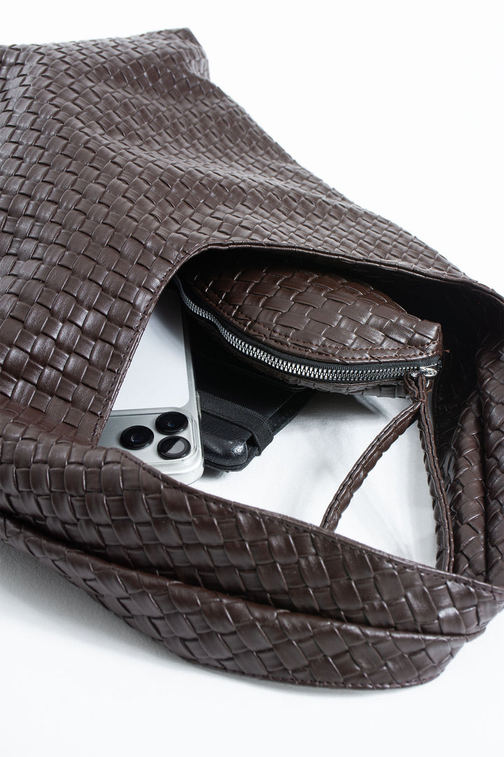 Woven Pu Leather  Slouchy Tote Bag - Brown