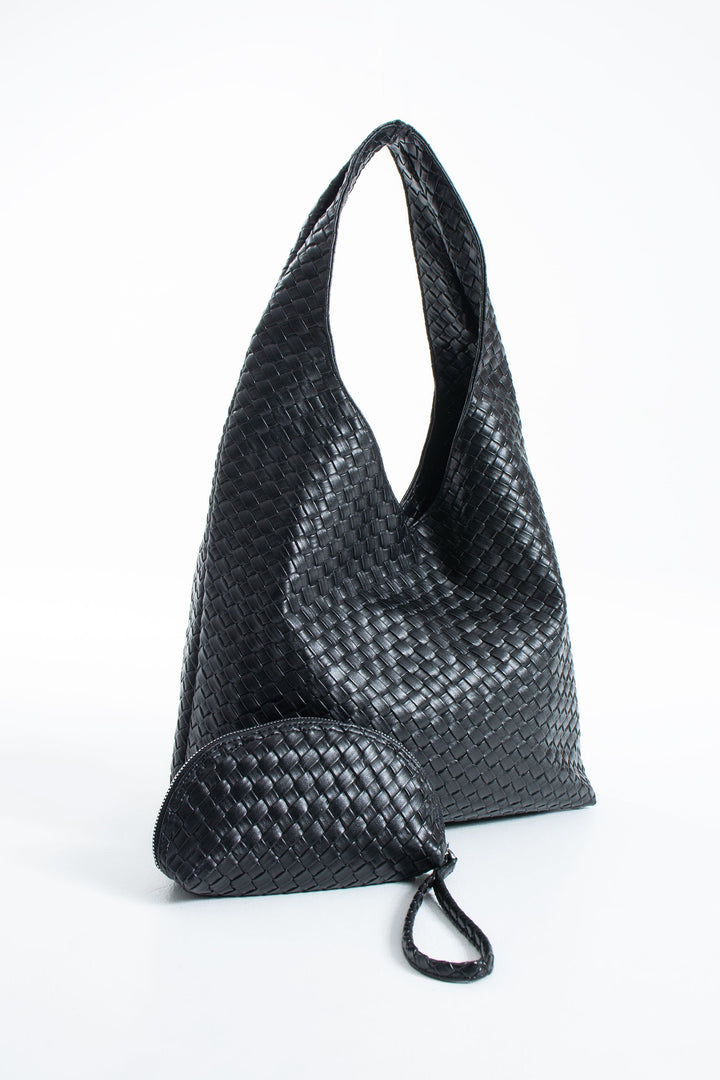 Woven Pu Leather  Slouchy Tote Bag - Black