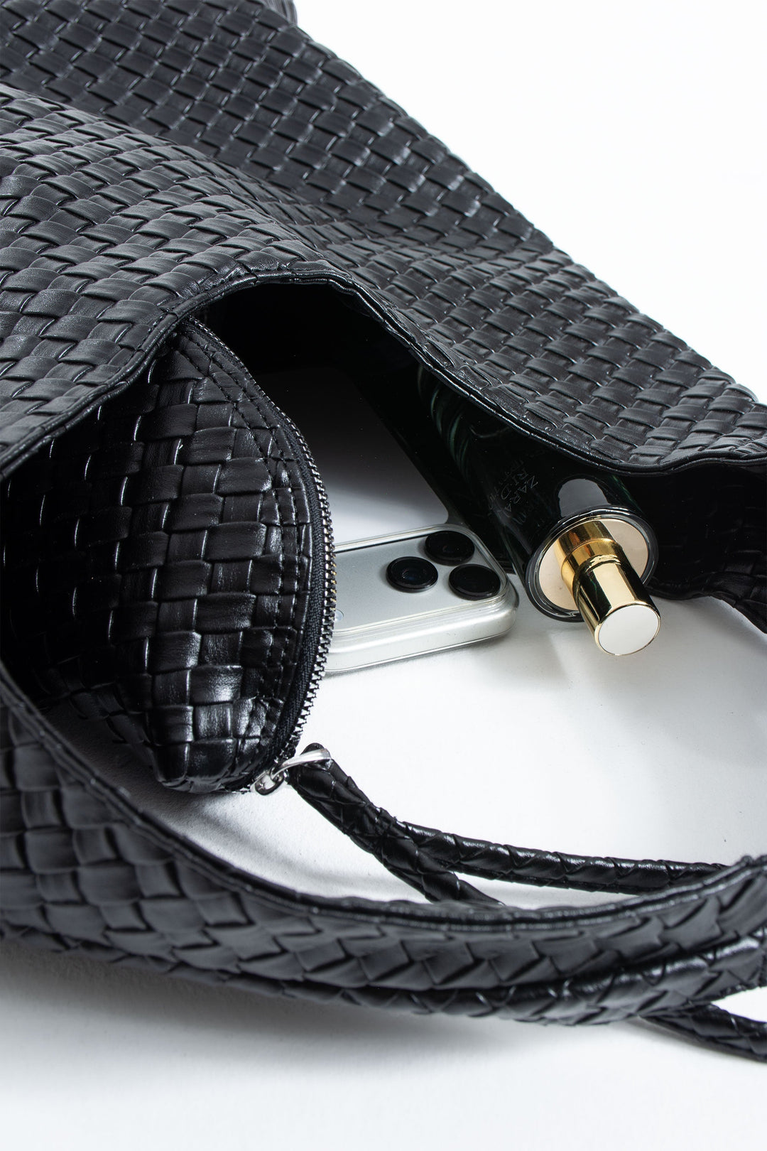 Woven Pu Leather  Slouchy Tote Bag - Black