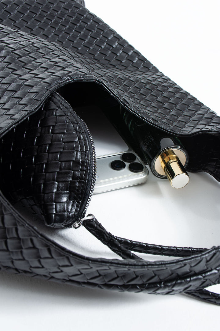 Woven Pu Leather  Slouchy Tote Bag - Black