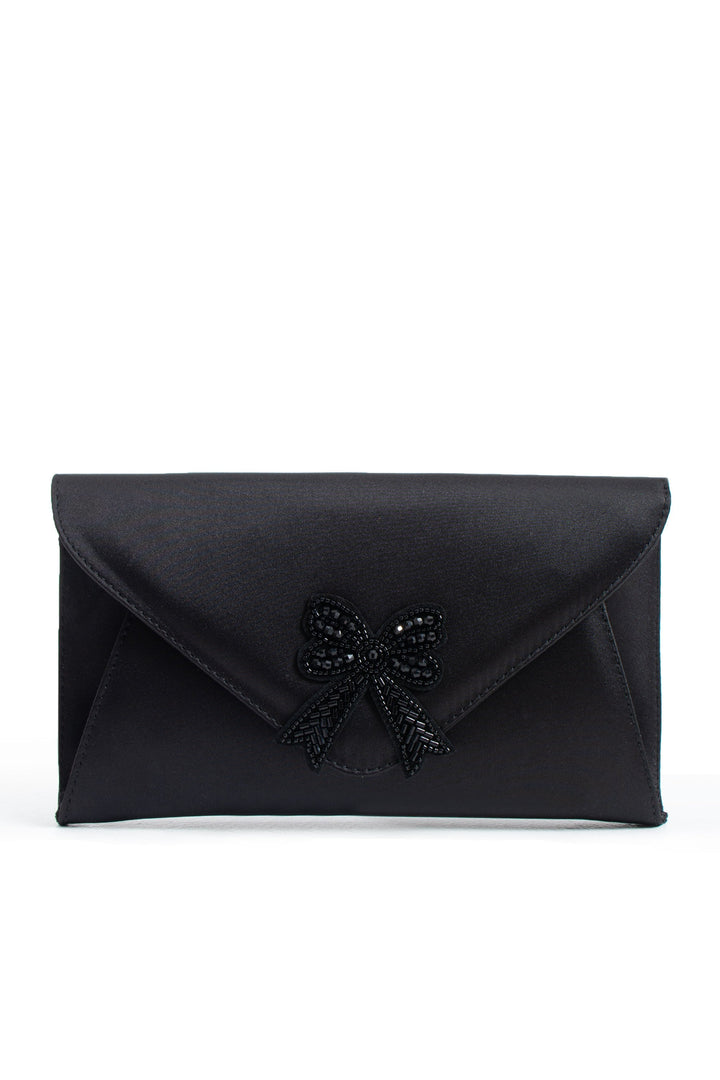 Satin Evening Clutch Bag with Embellishment - Black