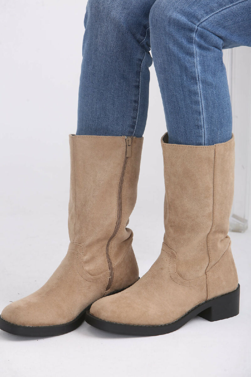 Camel Suede Designer Calf High Flat Boot (PACK OF 12 PAIRS UK3-UK8) - jqwholesale.com
