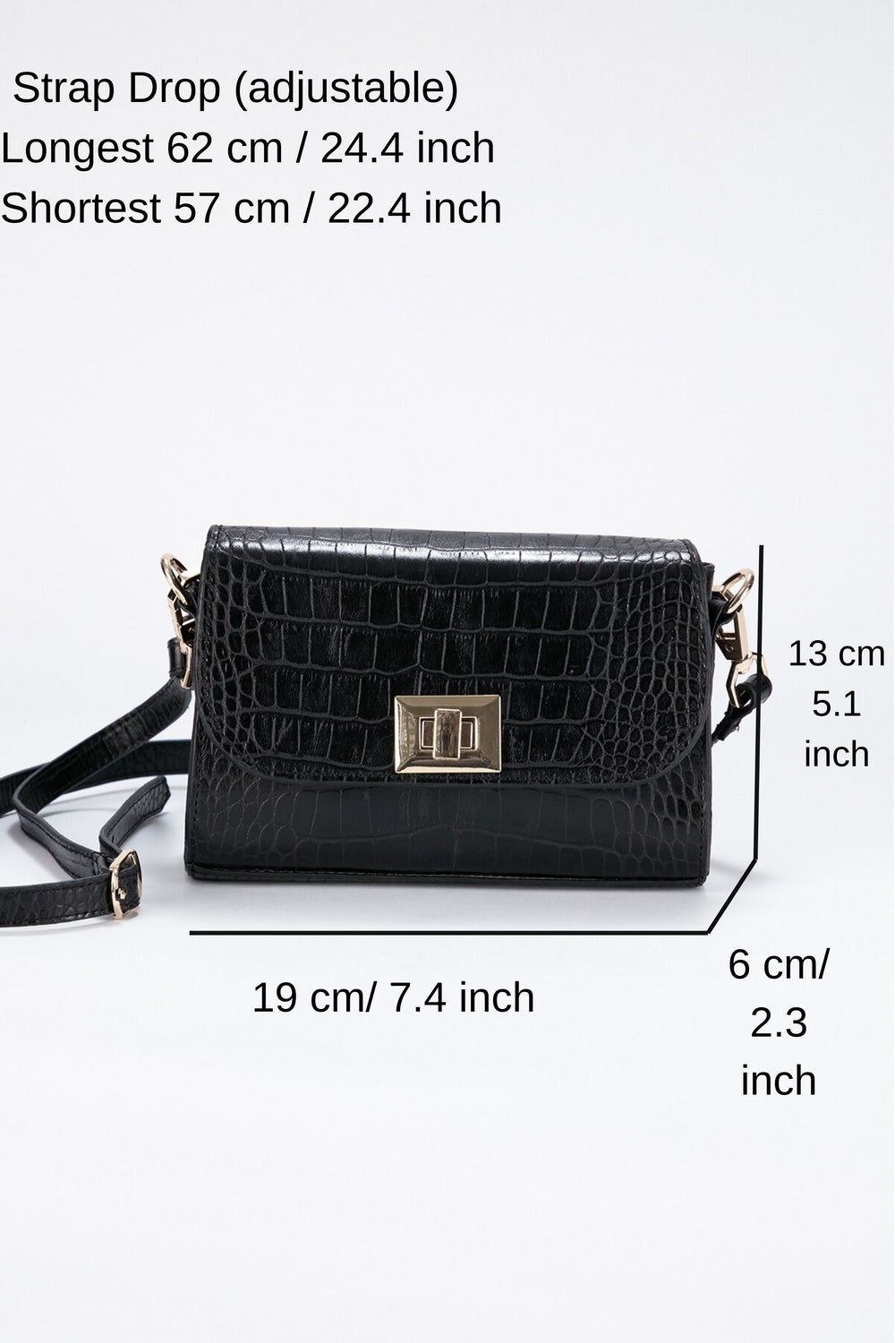 Croc Pu Leather Detachable Strap Crossbody Bag - Black