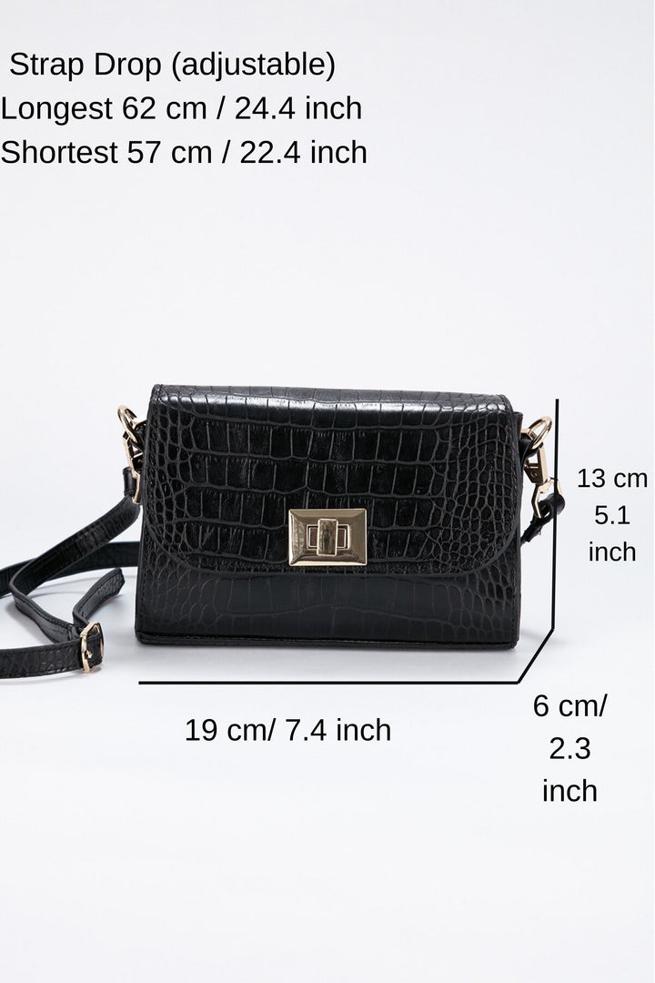 Croc Pu Leather Detachable Strap Crossbody Bag - Black