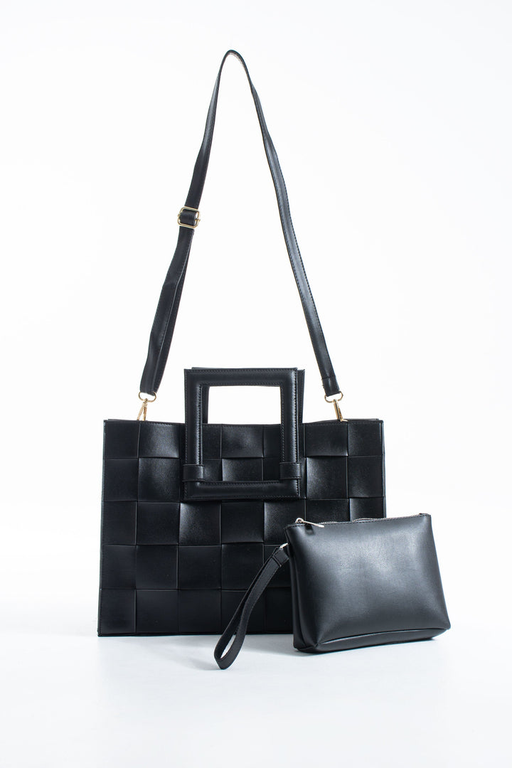 Braided Convertible Tote Bag with Detachable Crossbody Strap - Black