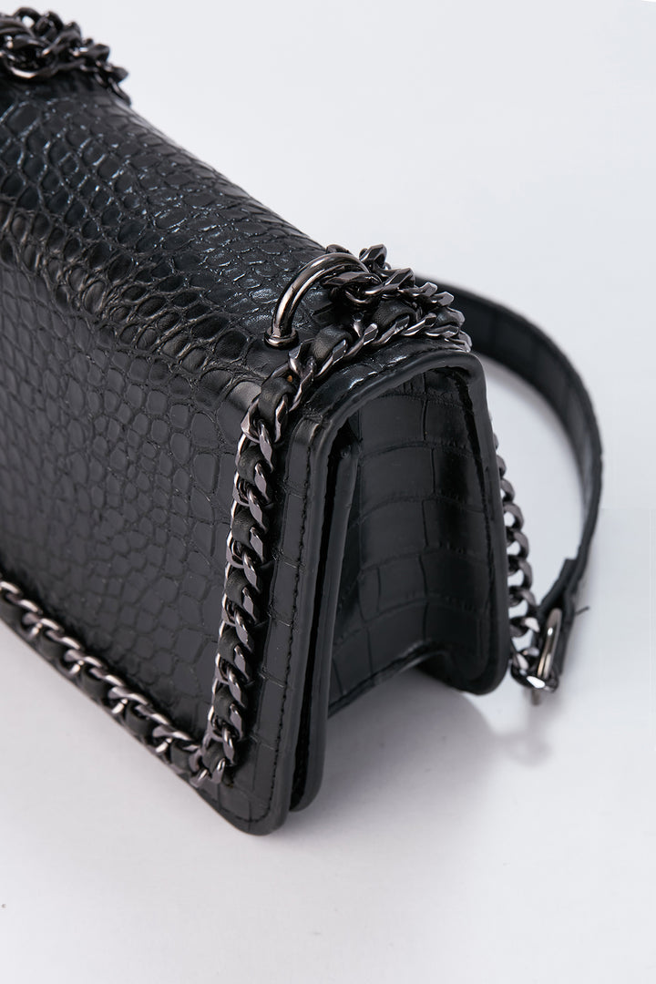 Chain Braided Croc Shoulder & Crossbody Bag - Black