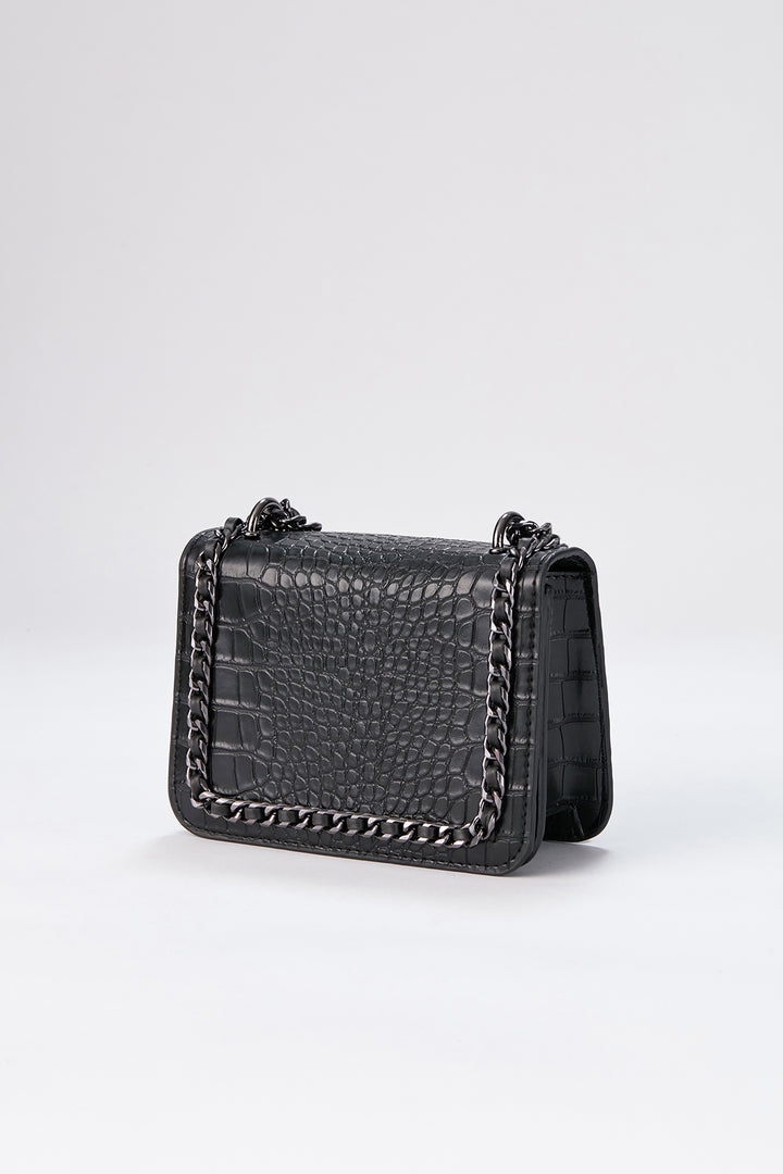 Chain Braided Croc Shoulder & Crossbody Bag - Black