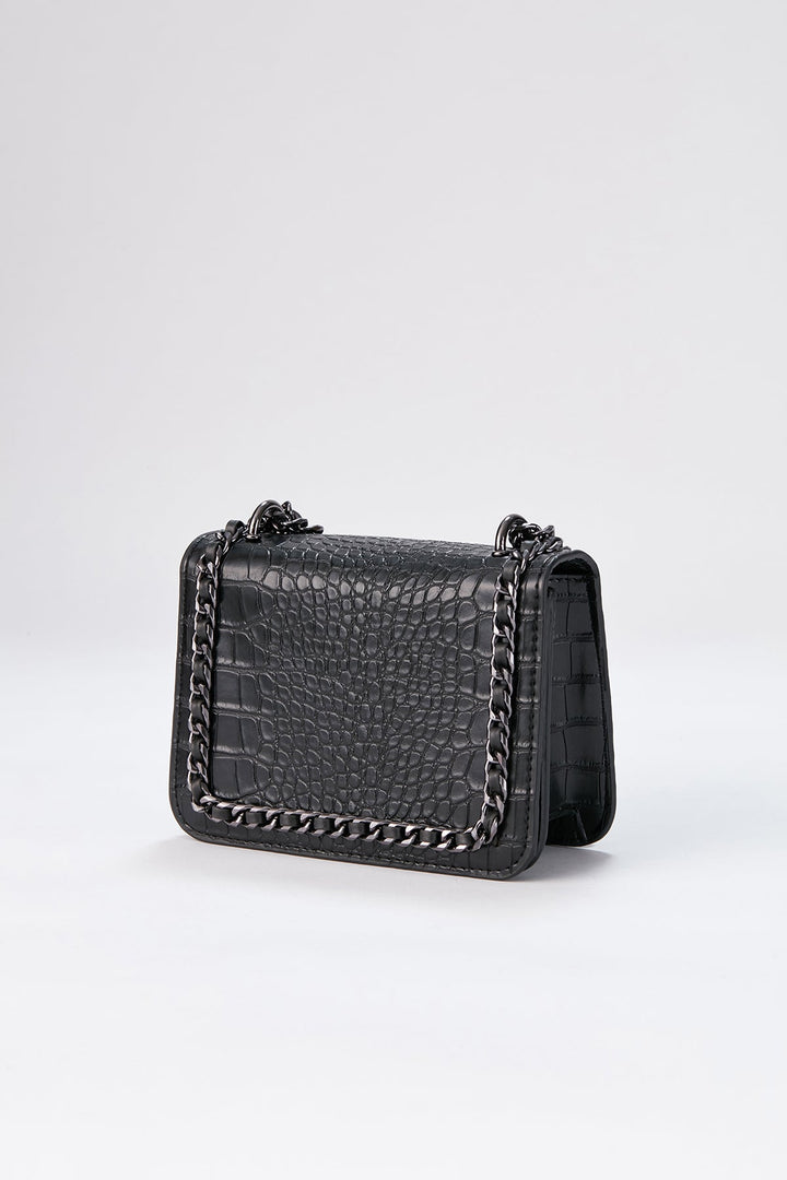 Chain Braided Croc Shoulder & Crossbody Bag - Black