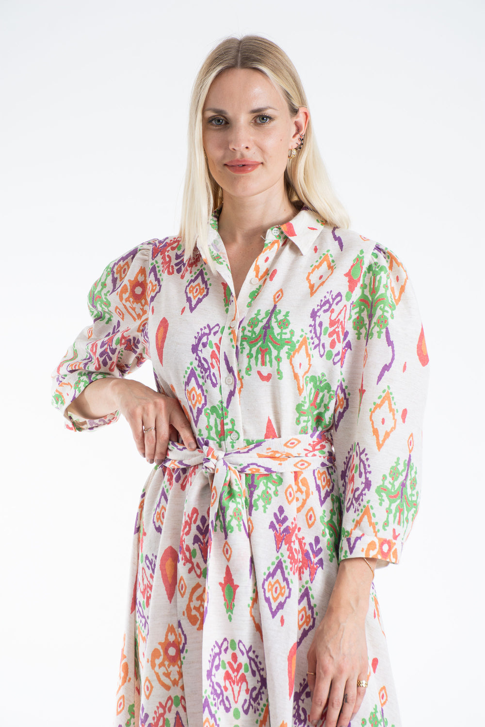Women’s Linen Blend Ornamental Print Midi Shirt Dress - Cream