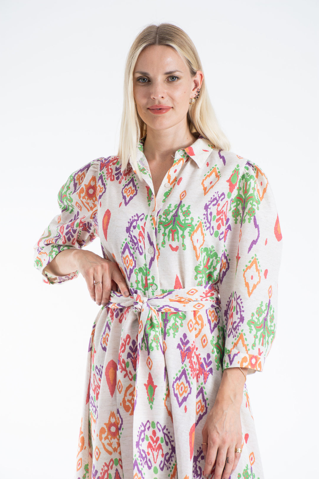 Women’s Linen Blend Ornamental Print Midi Shirt Dress - Lilac