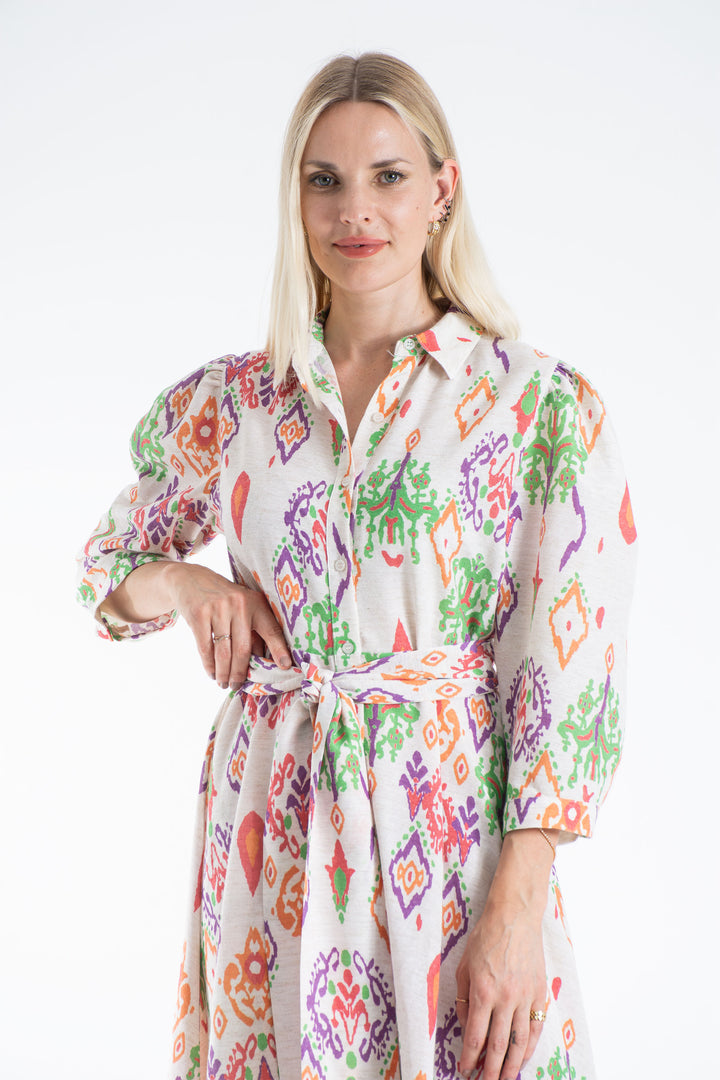 Women’s Linen Blend Ornamental Print Midi Shirt Dress - Lilac
