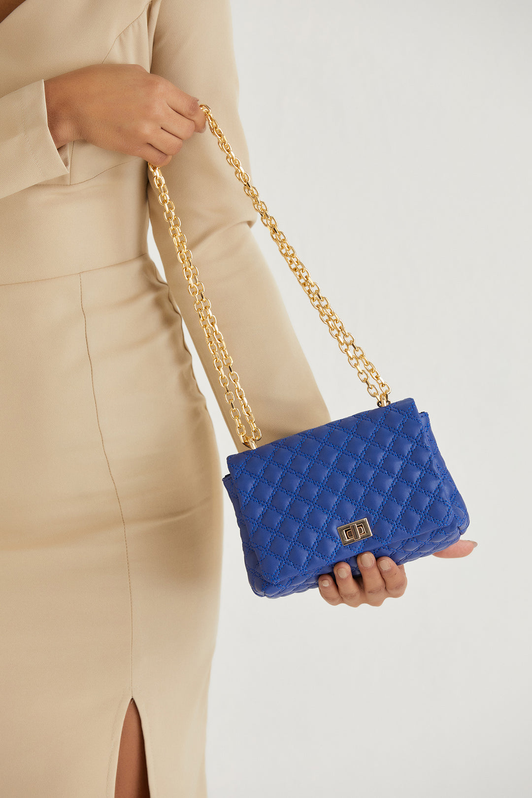 Quilted Plant Based Leather Crossbody & Shoulder Bag - Blue