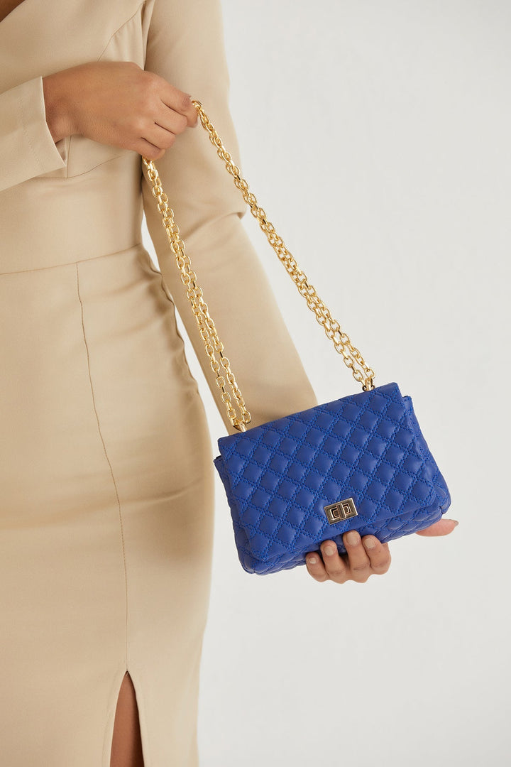 Quilted Plant Based Leather Crossbody & Shoulder Bag - Blue