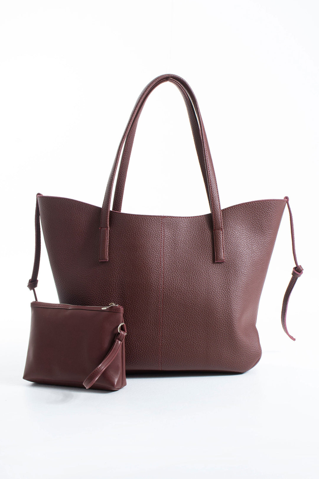 Grain Pu Leather Large Tote Bag with Matching Zipper Pouch  2PCS Set - Burgundy
