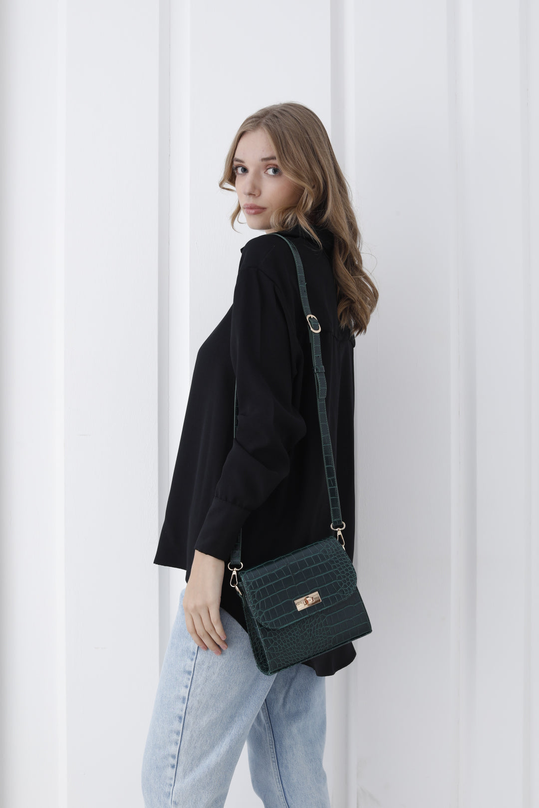 Croc Pu Leather Crossbody Bag - Khaki