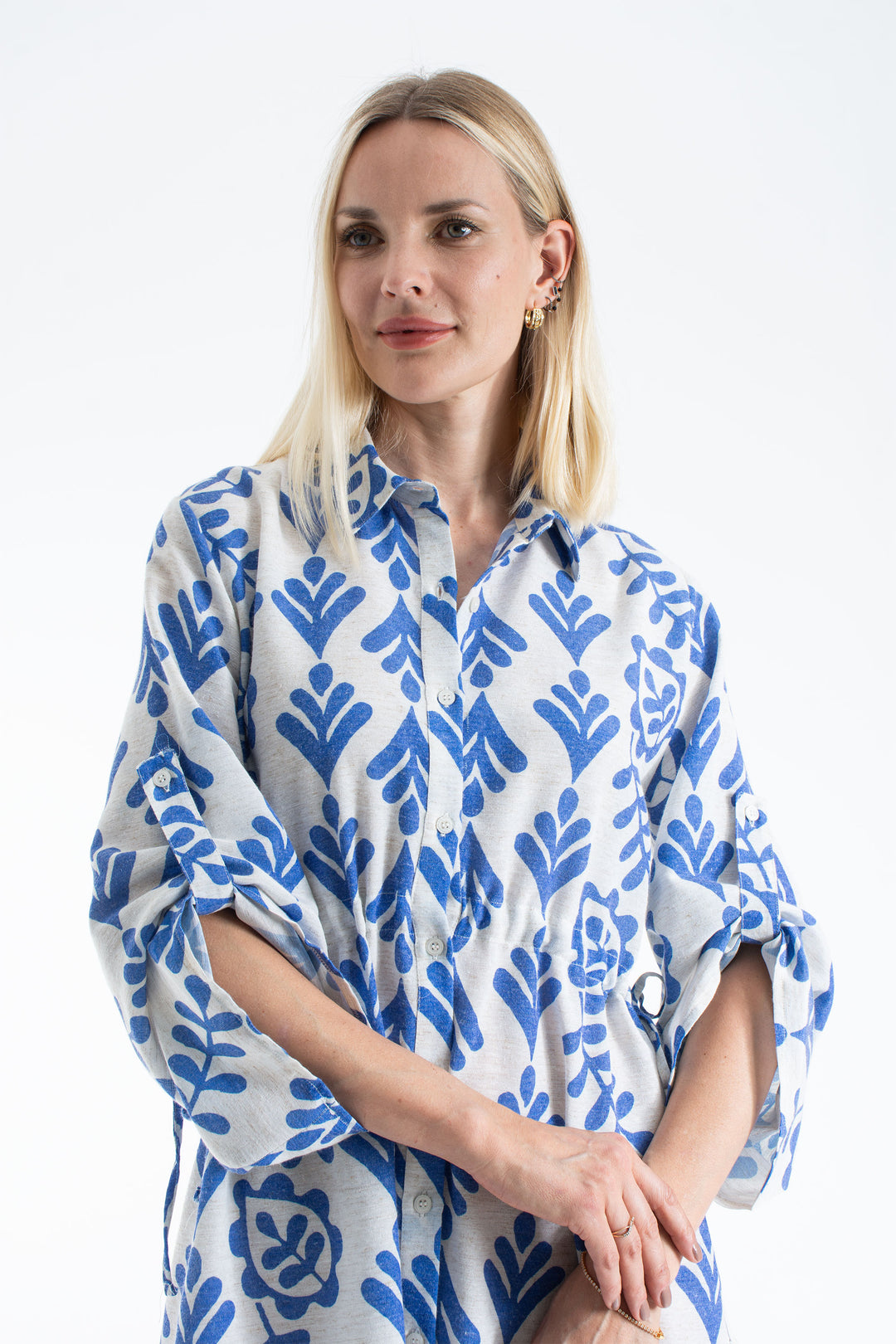 Women’s Linen Blend Leaf Print Midi Shirt Dress - Blue