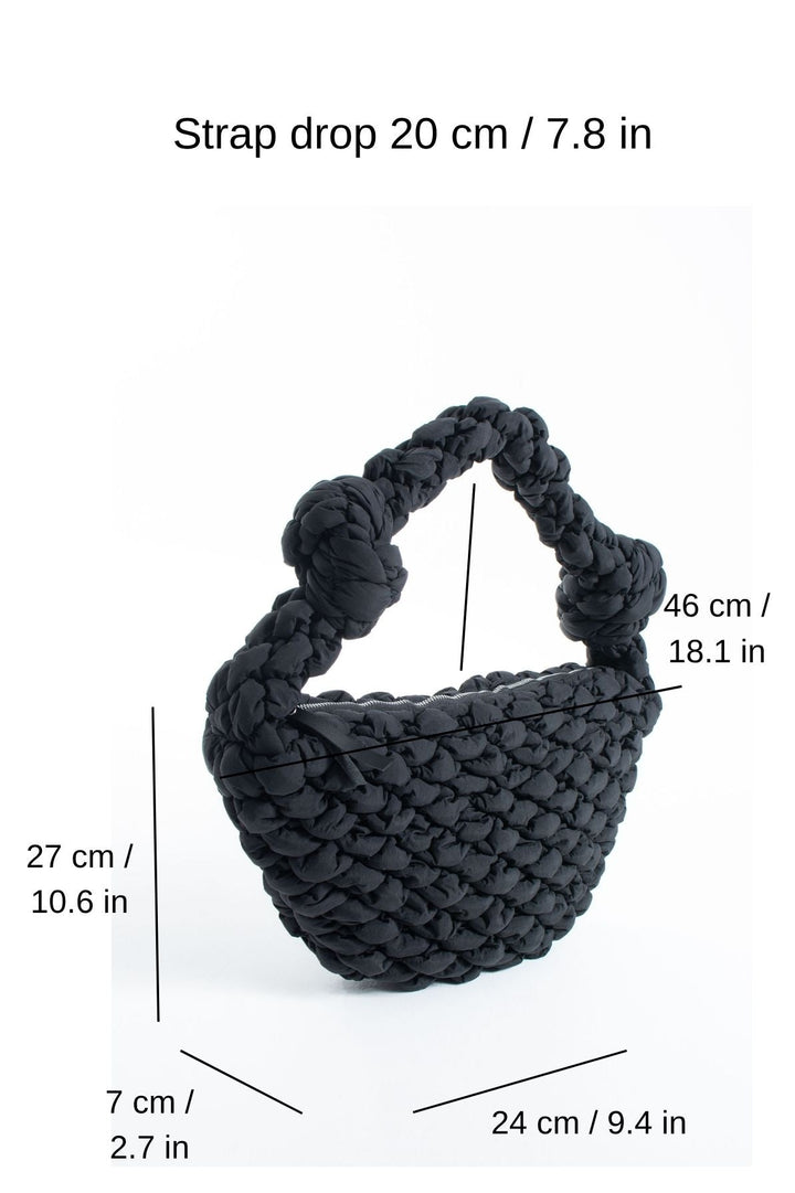 Puffy Quilted Lightweight Large Shoulder Bag - Black