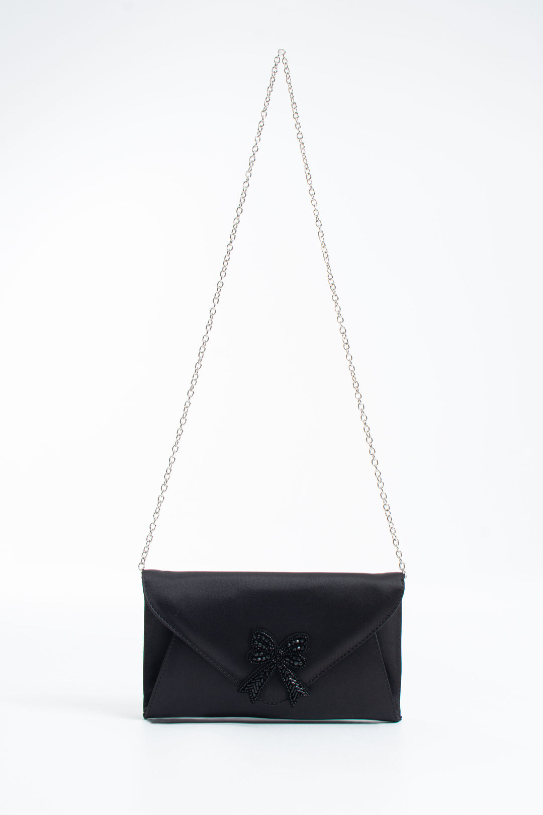 Satin Evening Clutch Bag with Embellishment - Black
