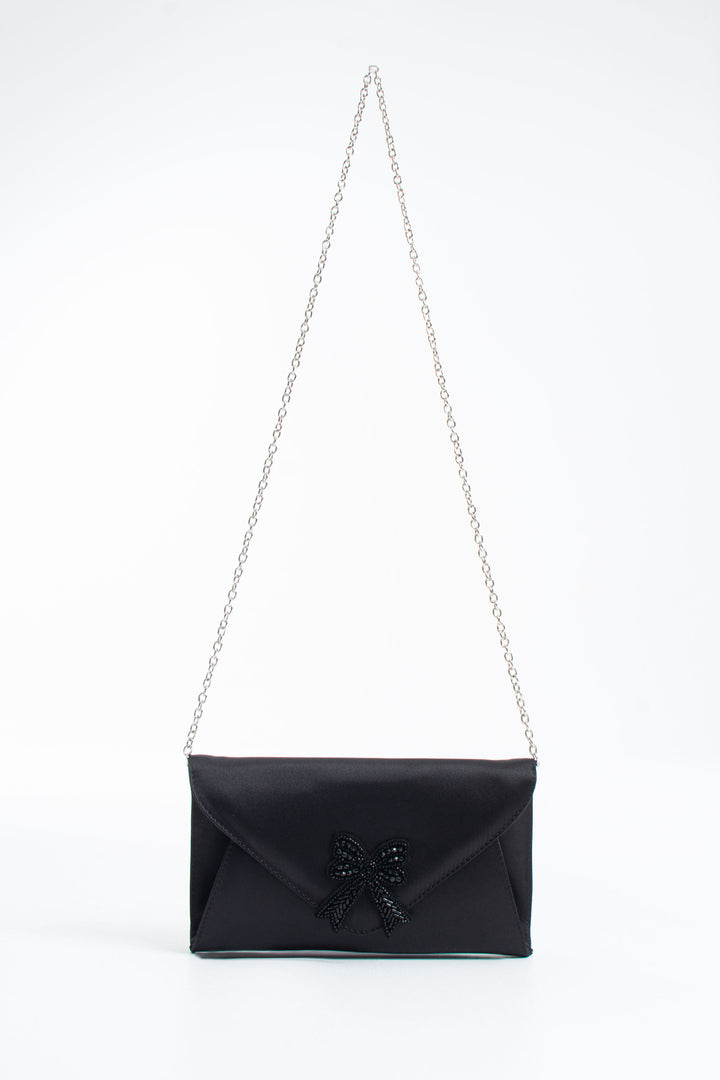 Satin Evening Clutch Bag with Embellishment - Black
