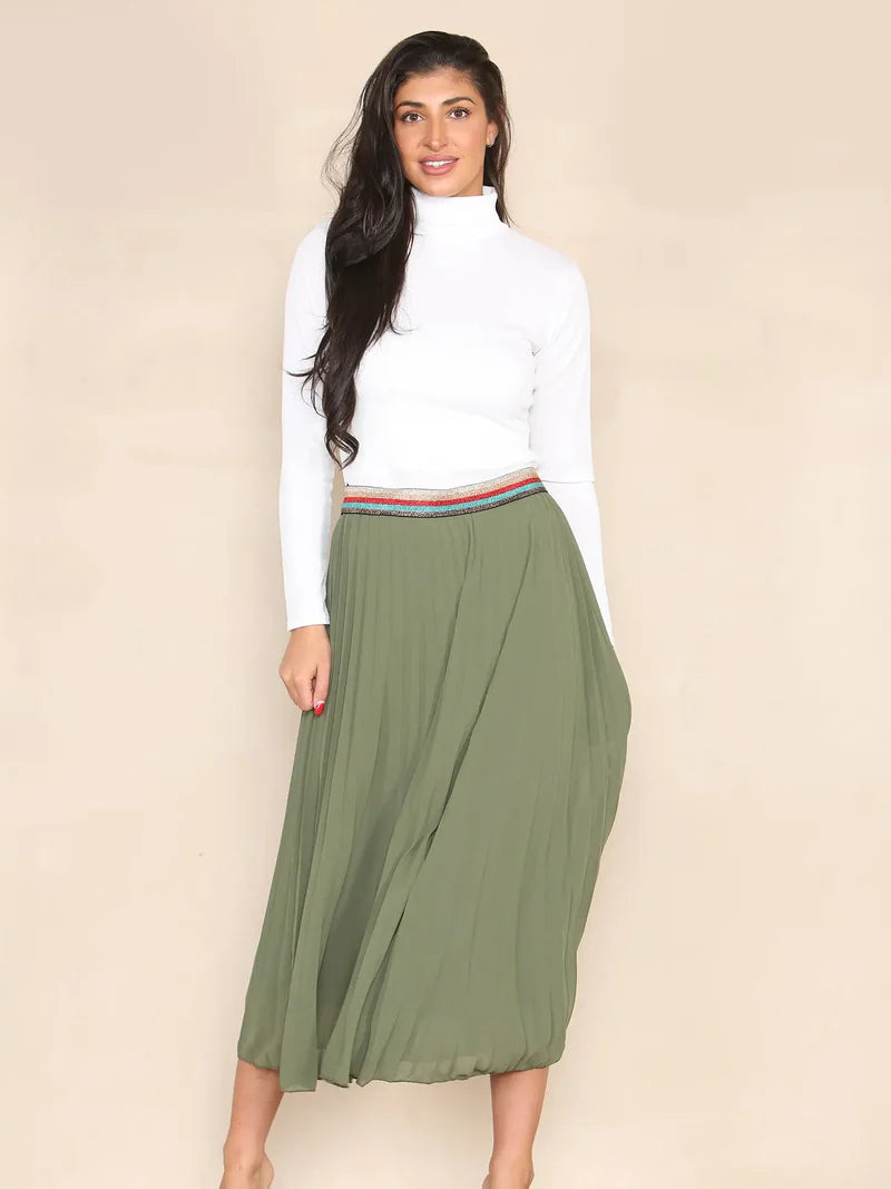 Pleated Midi Skirt with Rainbow Elasticated Waistband - jqwholesale.com