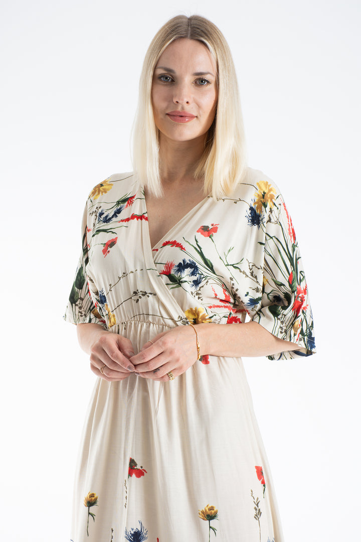 Womens Viscose Floral Print V Neck Short Sleeve Midi Dress