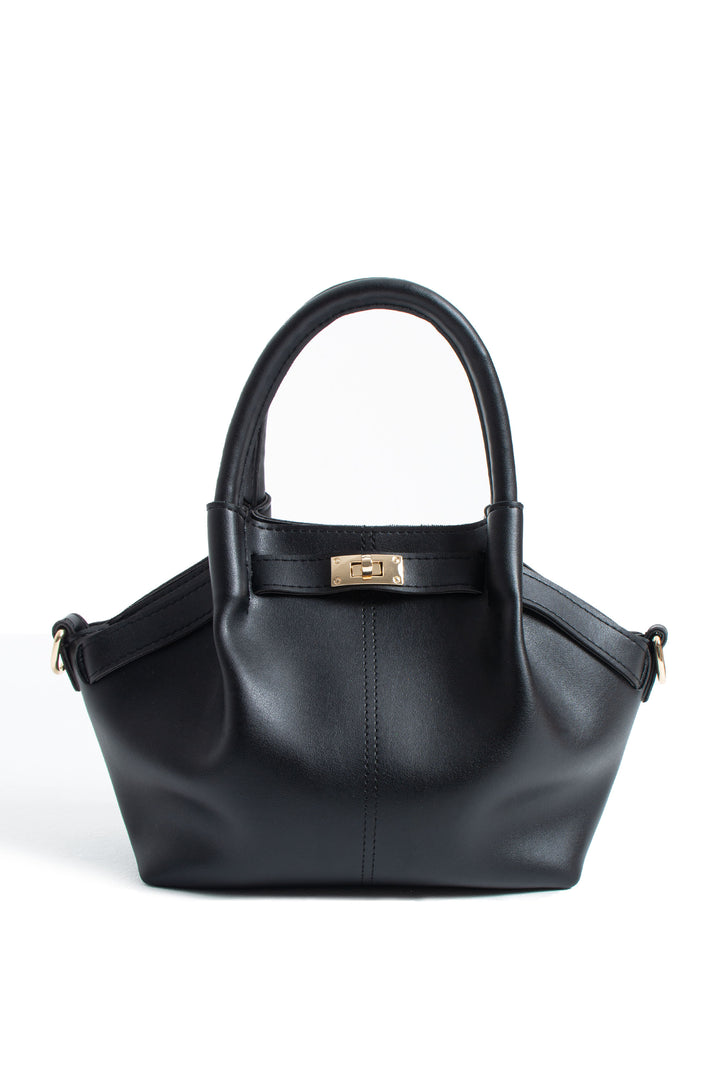 Pu Leather Top Handle Crossbody Bag with Twist Lock Detail - Black