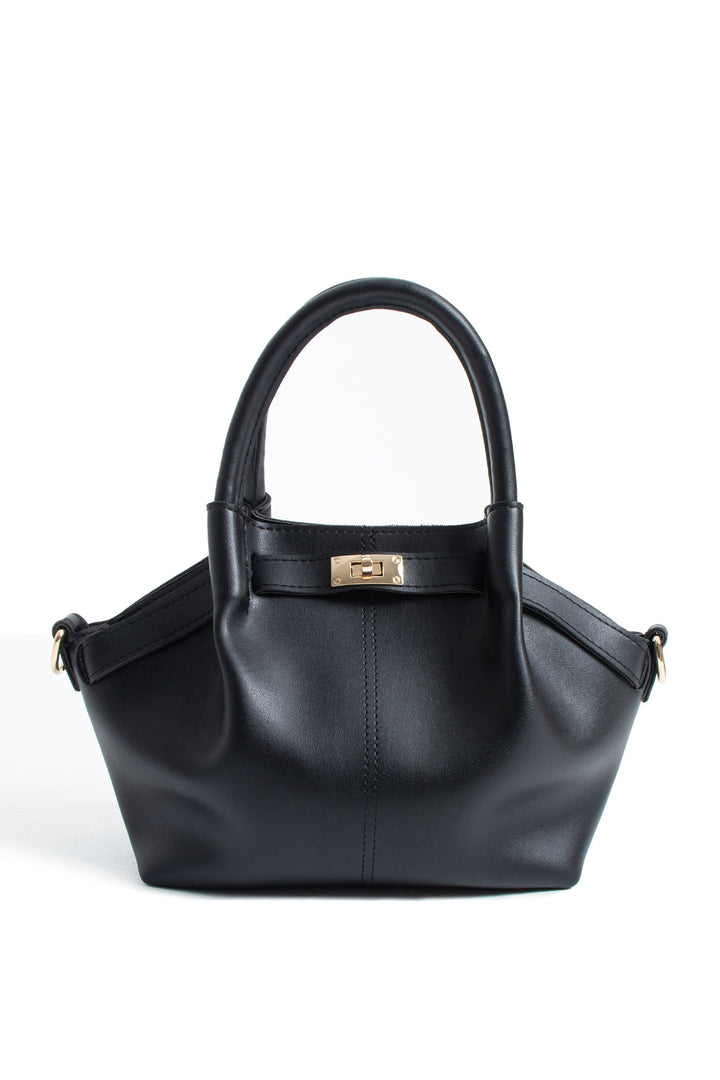 Pu Leather Top Handle Crossbody Bag with Twist Lock Detail - Black